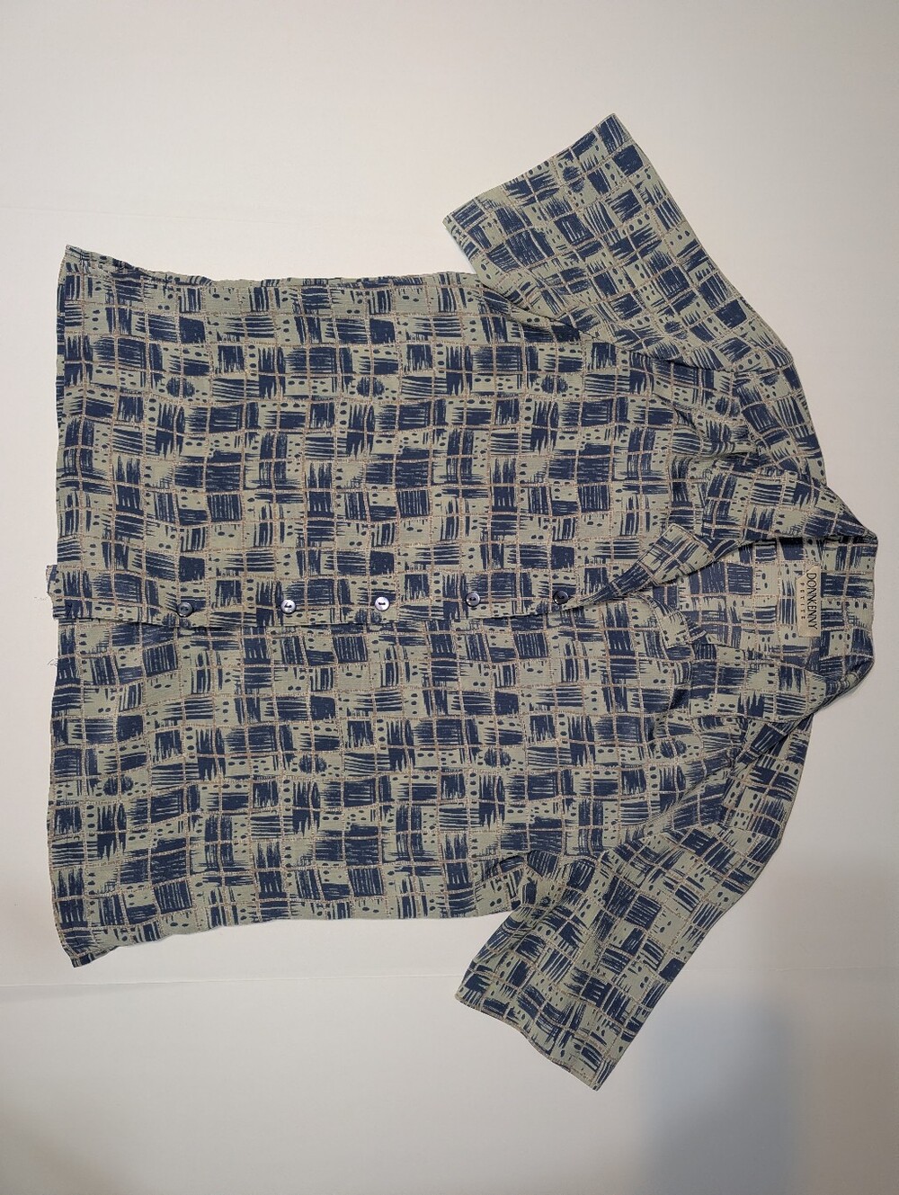 DONNKENNY Vintage Womens Button Up Shirt Square Blue Green Pattern | Petite Size